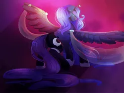 Size: 3676x2753 | Tagged: safe, artist:jezebel_remedy, artist:jezebelremedy, derpibooru import, princess luna, alicorn, pony, g4, female, high res, horn, image, jpeg, mare, solo, spread wings, tail, wings