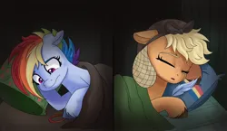 Size: 2048x1184 | Tagged: safe, artist:galaxy swirl, derpibooru import, applejack, rainbow dash, earth pony, pegasus, pony, g4, alternate hairstyle, alternate timeline, apocalypse dash, applecalypsejack, appledash, crystal war timeline, duo, duo female, eyes closed, feather, female, freckles, image, jpeg, lesbian, lying down, mare, pillow, shipping, signature, sleeping, unshorn fetlocks