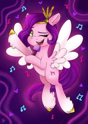 Size: 1448x2048 | Tagged: safe, artist:galaxy swirl, derpibooru import, pipp petals, pegasus, pony, g5, blushing, diadem, female, image, jewelry, jpeg, looking at you, mare, microphone, music notes, one eye closed, open mouth, open smile, regalia, singing, smiling, smiling at you, solo, spread wings, tail, unshorn fetlocks, wings, wink, winking at you