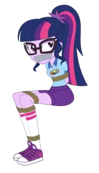 Size: 1800x3145 | Tagged: safe, artist:nie-martw-sie-o-mnie, derpibooru import, sci-twi, twilight sparkle, human, equestria girls, g4, bondage, bound and gagged, female, femsub, gag, glasses, image, my little pony equestria girls: legend of everfree, png, rope, rope bondage, simple background, sitting, solo, submissive, tape, tape gag, transparent background, twisub