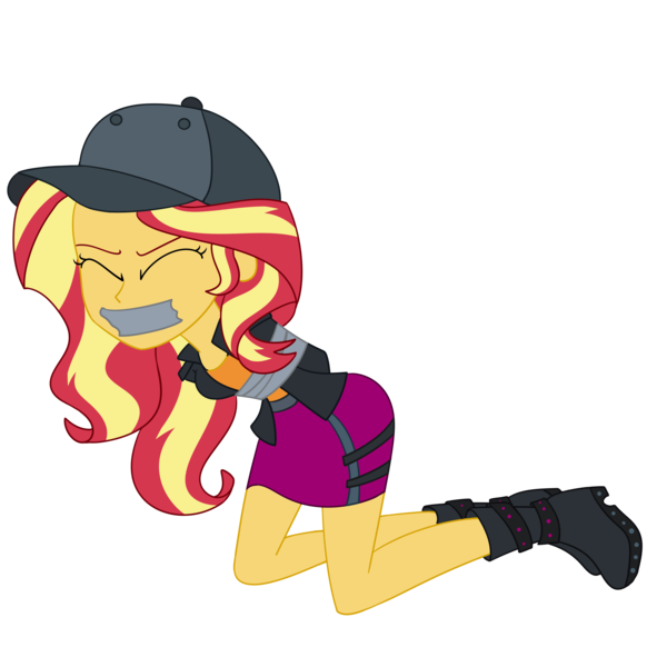 Size: 2500x2500 | Tagged: safe, artist:nie-martw-sie-o-mnie, derpibooru import, sunset shimmer, human, display of affection, equestria girls, equestria girls series, g4, baseball cap, bondage, boots, cap, clothes, eyes closed, female, femsub, gag, hat, image, kneeling, my little pony equestria girls: better together, png, shoes, simple background, solo, submissive, subset, tape, tape bondage, tape gag, transparent background