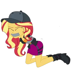 Size: 2500x2500 | Tagged: safe, artist:nie-martw-sie-o-mnie, derpibooru import, sunset shimmer, human, display of affection, equestria girls, equestria girls series, g4, baseball cap, bondage, boots, cap, clothes, eyes closed, female, femsub, gag, hat, image, kneeling, my little pony equestria girls: better together, png, shoes, simple background, solo, submissive, subset, tape, tape bondage, tape gag, transparent background