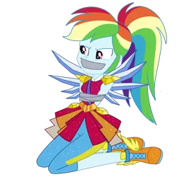 Size: 2000x2000 | Tagged: safe, artist:nie-martw-sie-o-mnie, derpibooru import, rainbow dash, human, equestria girls, g4, bondage, crystal guardian, crystal wings, dashsub, female, femsub, gag, image, kneeling, my little pony equestria girls: legend of everfree, png, simple background, solo, submissive, tape, tape bondage, tape gag, transparent background, wings