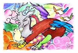 Size: 828x567 | Tagged: safe, artist:banefulkarma, derpibooru import, discord, draconequus, abstract background, antlers, bread, cloud, crayon drawing, cute, discute, elf ears, flying, food, horn, image, jpeg, male, silly, solo, traditional art