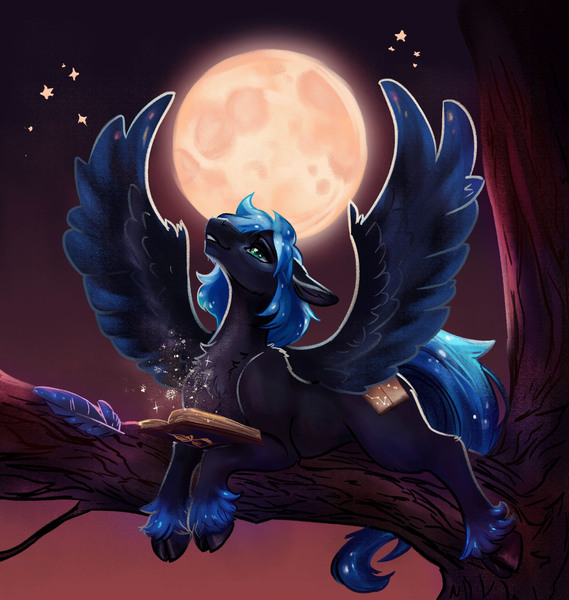 Size: 3331x3511 | Tagged: safe, artist:polnocnykot, derpibooru import, oc, oc:star reader, unofficial characters only, pegasus, pony, g4, book, chest fluff, commission, commissioner:shaddar, constellation, ear fluff, feather, feathered wings, fluffy, full moon, gradient background, green eyes, image, jpeg, looking up, lying down, magic, magic book, male, moon, night, open book, open mouth, pony oc, sky, smiling, solo, spread wings, stars, teeth, tree, tree branch, unshorn fetlocks, wings