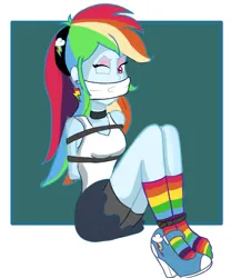 Size: 2500x3000 | Tagged: safe, artist:cpuknightx1, derpibooru import, rainbow dash, equestria girls, g4, bondage, bound and gagged, cloth gag, clothes, dashsub, female, femsub, gag, high heels, image, looking at you, one eye closed, png, rainbow socks, shoes, sitting, socks, solo, striped socks, submissive, ziptie