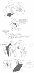 Size: 956x2022 | Tagged: safe, artist:wooodd_, derpibooru import, starlight glimmer, trixie, pony, unicorn, g4, alicorn amulet, black and white, comic, dialogue, duo, duo female, english, female, grayscale, horn, image, jpeg, looking at butt, monochrome, simple background, staff, staff of sameness, talking, white background