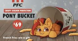 Size: 3136x1668 | Tagged: safe, artist:dorkmark, derpibooru import, oc, oc:selest light, unofficial characters only, pony, unicorn, :p, chibi, cute, ear fluff, food, french fries, horn, image, kfc, male, png, solo, stallion, text, tongue out, unicorn oc