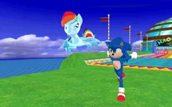 Size: 1920x1200 | Tagged: safe, artist:puzzlshield2, derpibooru import, rainbow dash, hedgehog, pegasus, pony, 3d, crossover, duo, female, flying, gotta go fast, image, male, mmd, png, racing, running, sega, sonic the hedgehog, sonic the hedgehog (film), sonic the hedgehog (series)