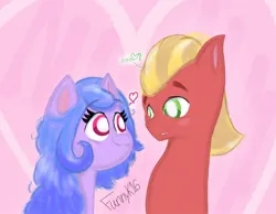 Size: 1548x1204 | Tagged: safe, artist:funnyk16, derpibooru import, izzy moonbow, sprout cloverleaf, earth pony, pony, unicorn, g5, abstract background, blushing, duo, duo male and female, female, heart, horn, image, jpeg, looking at each other, looking at someone, male, mare, missing horn, ship:izzysprout, shipping, stallion, straight