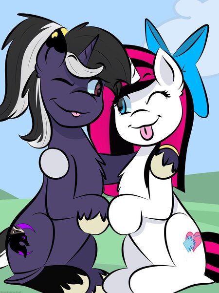 Size: 1535x2048 | Tagged: safe, artist:doodle-hooves, ponerpics import, oc, oc:ownedunicorn, unofficial characters only, pony, female, hooves, image, jpeg, looking at each other, male, mare, one eye closed, stallion, tongue out, wink