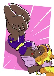 Size: 2500x3500 | Tagged: suggestive, artist:ryburry, derpibooru import, adagio dazzle, human, barefoot, bedroom eyes, belt, breasts, busty adagio dazzle, clothes, commission, dark skin, feet, female, fetish, fingerless gloves, foot fetish, foot focus, gem, gloves, hairband, humanized, image, lying down, on back, png, shirt, shorts, siren gem, soles, solo, solo female, toes, ych result