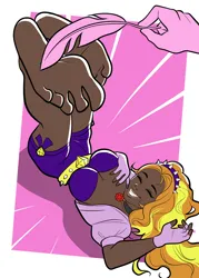 Size: 2500x3500 | Tagged: suggestive, alternate version, artist:ryburry, derpibooru import, adagio dazzle, human, barefoot, belt, breasts, busty adagio dazzle, clothes, commission, dark skin, erotic tickling, eyes closed, feather, feet, female, fetish, fingerless gloves, foot fetish, foot focus, gem, gloves, grin, gritted teeth, hairband, humanized, image, lying down, on back, png, shirt, shorts, siren gem, smiling, soles, solo, solo female, stifling laughter, teeth, tickle fetish, tickle torture, tickling, toes, ych result