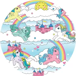 Size: 900x900 | Tagged: safe, derpibooru import, official, firefly, medley, skydancer, starshine, windy (g1), g1, cloud, dream castle, image, png, rainbow, sky, sun