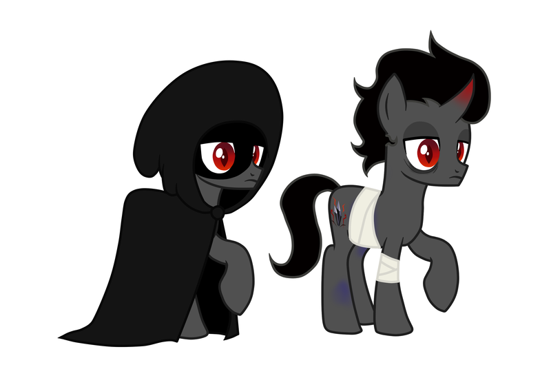 Size: 3000x2000 | Tagged: safe, artist:messy sketch, derpibooru import, king sombra, pony, unicorn, bags under eyes, bandage, black, black cloak, black mane, blue, bruised, cloak, clothes, colt, colt sombra, foal, gray, gray coat, horn, image, injured, male, png, raised hoof, red, red eyes, tired, tired eyes, white