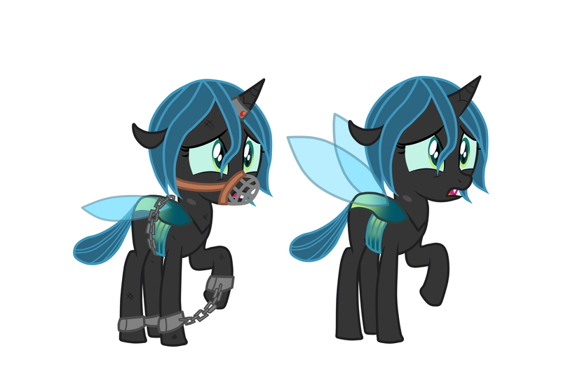 Size: 3000x2000 | Tagged: safe, artist:messy sketch, derpibooru import, queen chrysalis, changeling, pony, ankle cuffs, black, black coat, blue, blue mane, bound wings, chained, chains, cuffs, female, filly, filly queen chrysalis, foal, green, green eyes, horn, horn ring, image, injured, jewelry, magic suppression, muzzle, png, raised hoof, ring, sad eyes, sad face, wings, young queen chrysalis, younger