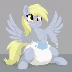 Size: 2000x2000 | Tagged: suggestive, artist:nineplusten, derpibooru import, derpy hooves, pegasus, pony, g4, air pushed out of diaper, blushing, chest fluff, diaper, diaper fetish, ear fluff, female, fetish, image, non-baby in diaper, png, poofy diaper, sitting, smiling, solo, solo female, spread legs, spread wings, spreading, wings