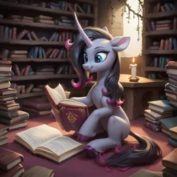 Size: 1024x1024 | Tagged: safe, ai content, derpibooru import, machine learning generated, prompter:cypher, oleander (tfh), unicorn, them's fightin' herds, book, community related, horn, image, jpeg