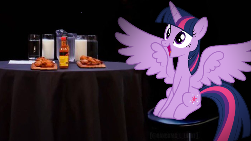 Size: 1920x1080 | Tagged: safe, artist:jp, derpibooru import, edit, editor:mlpfan3991, twilight sparkle, twilight sparkle (alicorn), alicorn, chicken wings, female, foreshadowing, happy, hot ones, hot sauce, hot wings, image, irl, milk, photo, png, sitting, this will end in pain