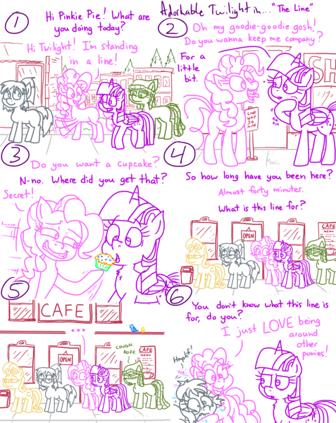 Size: 4779x6013 | Tagged: safe, artist:adorkabletwilightandfriends, derpibooru import, bon bon, pinkie pie, sweetie drops, tree hugger, twilight sparkle, twilight sparkle (alicorn), oc, oc:kat, alicorn, comic:adorkable twilight and friends, adorkable, adorkable twilight, cafe, comic, confused, cough, coughing, cupcake, cute, dork, downtown, food, funny, happy, hug, humor, image, line, outdoors, png, ponyville, question, sidwalk, sign, silence, slice of life, smiling, town, trash can, waiting, waving