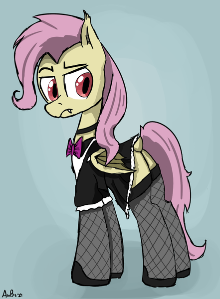 Size: 1602x2178 | Tagged: safe, artist:aubs, artist:derpy_fan, derpibooru import, fluttershy, bat pony, pony, bat ponified, butt, clothes, flutterbat, flutterbutt, image, maid, newbie artist training grounds, png, race swap, solo