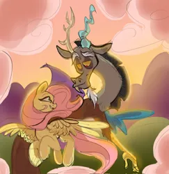 Size: 3974x4096 | Tagged: safe, artist:thechaoticboop, derpibooru import, discord, fluttershy, bright, cloud, discoshy, female, flying, image, jpeg, looking at each other, looking at someone, male, mountain, shipping, smiling, spread wings, straight, sunlight, sunset, wings