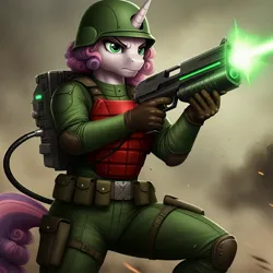 Size: 1024x1024 | Tagged: safe, ai content, derpibooru import, generator:google imagen 3.0, machine learning generated, prompter:zerowinger, sweetie belle, anthro, unicorn, battlefield, body armor, clothes, cosplay, costume, female, g.i. joe, helmet, horn, image, jpeg, laser gun, laser trooper, military uniform, sgt. flash, solo, uniform