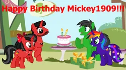 Size: 11355x6287 | Tagged: safe, artist:mickey1909, artist:star-armour95, derpibooru import, oc, oc:mickey motion, oc:minnie motion, oc:rainbow flower, oc:star armour, pegasus, unicorn, female, happy birthday, horn, image, male, png