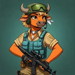 Size: 1024x1024 | Tagged: safe, ai content, derpibooru import, generator:google imagen 3.0, machine learning generated, prompter:zerowinger, little strongheart, anthro, buffalo, airborne, assault rifle, body armor, clothes, cosplay, costume, feather, female, g.i. joe, gradient background, gun, headset, helicopter trooper, helmet, horns, image, jewelry, jpeg, military uniform, necklace, older, older little strongheart, rifle, solo, uniform, weapon