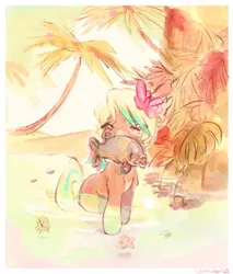 Size: 1071x1255 | Tagged: safe, artist:leruwew, derpibooru import, oc, unofficial characters only, earth pony, fish, pony, beach, female, flower, flower in hair, food, image, jpeg, mare, meat, mouth hold, ocean, palm tree, ponies eating meat, ponies eating seafood, sand, seafood, solo, tree, tropical, water