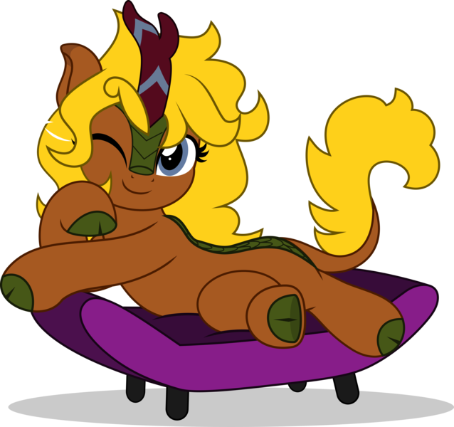 Size: 5319x5000 | Tagged: safe, artist:jhayarr23, derpibooru import, oc, oc:caramel gold, kirin, fallout equestria, commission, commissioner:solar aura, couch, fallout, gray eyes, green hooves, green scales, horn, image, kirin horn, kirin oc, lying down, one eye closed, one eye open, png, scales, simple background, tail, transparent background, wink, yellow mane, yellow tail, your character here