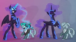 Size: 4242x2324 | Tagged: safe, artist:moonatik, derpibooru import, nightmare moon, oc, alicorn, pony, unicorn, abstract background, clothes, colored sketch, concave belly, duo, female, height difference, helmet, hoof shoes, horn, image, magic, mare, necktie, petrification, peytral, png, ponytail, princess shoes, rearing, scared, sketch, slender, spread wings, suit, thin, turned to stone, unicorn oc, wings