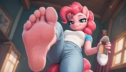 Size: 2144x1224 | Tagged: suggestive, ai content, derpibooru import, machine learning generated, prompter:ponyhedron, stable diffusion, pinkie pie, anthro, pony, feet, fetish, foot fetish, generator:pony diffusion v6 xl, image, looking at you, low angle, png, smiling, stepping on you, stomping