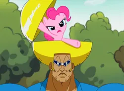 Size: 1382x1016 | Tagged: safe, derpibooru import, edit, edited screencap, editor:umsx, screencap, pinkie pie, earth pony, human, pony, g4, over a barrel, bobobo, bobobo-bo bo-bobo, image, png, shitposting