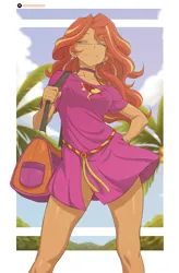 Size: 1674x2550 | Tagged: safe, artist:rambon7, sunset shimmer, beach, choker, clothes, cloud, cutie mark, cutie mark on clothes, dress, ear piercing, earring, hand on hip, image, jewelry, palm tree, piercing, png, shoulder bag, sky, tree