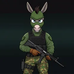 Size: 1024x1024 | Tagged: safe, ai content, derpibooru import, generator:google imagen 3.0, machine learning generated, prompter:zerowinger, cranky doodle donkey, anthro, donkey, g4, beachhead, clothes, cosplay, costume, fatigues, g.i. joe, gloves, gradient background, gun, image, jpeg, male, military uniform, ski mask, solo, submachinegun, uniform, weapon