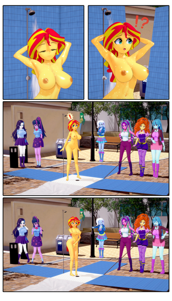 Size: 2662x4643 | Tagged: questionable, artist:misunderstoodsecrets, derpibooru import, adagio dazzle, aria blaze, rarity, sci-twi, sonata dusk, sunset shimmer, trixie, twilight sparkle, wallflower blush, equestria girls, g4, 3d, big breasts, blushing, breasts, busty sunset shimmer, clothed female nude female, clothes, comic, embarrassed, embarrassed nude exposure, exhibitionism, female, humiliation, image, koikatsu, nudity, png, prank, public nudity, shower, showering, the dazzlings, wet