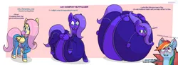 Size: 3000x1100 | Tagged: suggestive, artist:tomocho, derpibooru import, fluttershy, rainbow dash, twilight sparkle, pegasus, pony, aroused, blood, blueberry, blueberry inflation, blushing, bubblegum, clothes, expansion, female, flutterberry, flutterdash, food, gum, image, immobile, implied twilight sparkle, inflation, jpeg, lesbian, mare, nosebleed, puffy cheeks, shipping, spherical inflation, violet beauregarde