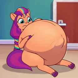 Size: 1024x1024 | Tagged: suggestive, ai content, derpibooru import, machine learning generated, prompter:ap07, stable diffusion, sunny starscout, earth pony, pony, g5, my little pony: tell your tale, belly, big belly, concerned, endosoma, generator:pony diffusion v6 xl, hoof on belly, huge belly, image, impossibly large belly, jpeg, non-fatal vore, show accurate, sitting, solo, story included, sunny starpred, unknown prey, vore