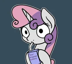 Size: 2048x1814 | Tagged: safe, artist:ewoudcponies, derpibooru import, sweetie belle, pony, unicorn, g4, blue background, bust, dark blue background, drink, drinking, female, filly, foal, hoof hold, horn, image, juice, juice box, no iris, outline, png, simple background, solo, text, white outline