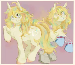 Size: 1500x1300 | Tagged: safe, artist:abbytabbys, derpibooru import, part of a set, ponified, crystal pony, earth pony, pony, abstract background, ahoge, anime, blonde eyelashes, blonde mane, blonde tail, blush lines, blushing, border, clothes, colored eyelashes, colored hooves, costume, duality, eye clipping through hair, female, gloves, hoof gloves, hoof shoes, hooves, image, invisibility, jpeg, lace up, long mane, long tail, looking up, multicolored eyes, multicolored mane, multicolored tail, my hero academia, passepartout, pink hooves, raised hoof, rearing, requested art, shiny mane, shiny tail, shoes, smiling, solo, sparkly coat, sparkly mane, sparkly tail, standing on three hooves, superhero costume, tail, teenager, three quarter view, toru hagakure, two toned eyelashes, unshorn fetlocks, wall of tags, white pupils, yellow coat