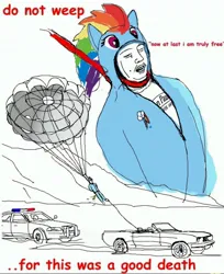 Size: 2312x2840 | Tagged: semi-grimdark, rainbow dash, human, car, cutie mark, image, jpeg, meme, mustang, mustang (car), parachute, police, ron paul, shitposting