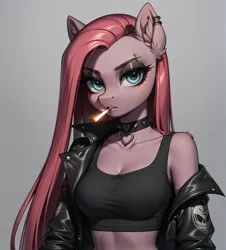 Size: 1000x1104 | Tagged: safe, ai content, derpibooru import, machine learning generated, prompter:capsamoon, stable diffusion, pinkie pie, anthro, earth pony, g4, breasts, choker, cigarette, clothes, female, generator:pony diffusion v6 xl, image, jacket, piercing, pinkamena diane pie, png, smoking