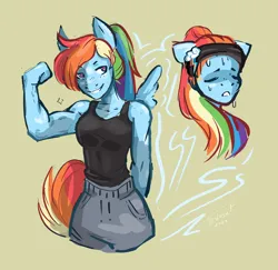 Size: 3136x3054 | Tagged: safe, artist:ordoset, derpibooru import, rainbow dash, anthro, pegasus, bicep, clothes, female, flexing, grin, image, muscles, pants, png, rainbuff dash, simple background, smiling, solo, sweat, sweatband, sweating profusely, sweatpants, tanktop