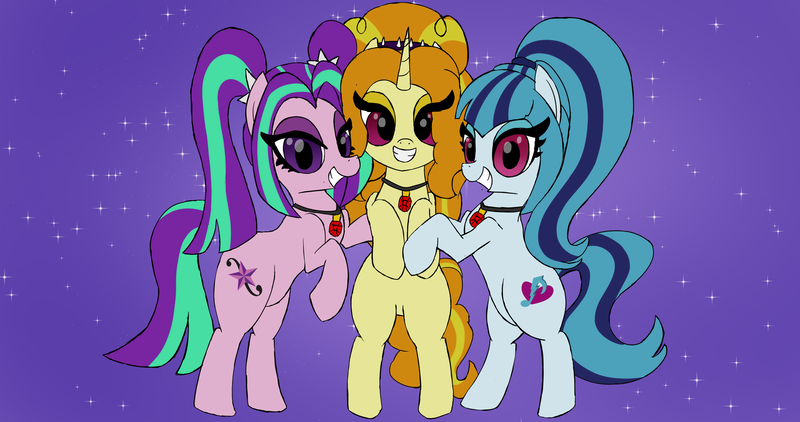 Size: 4096x2160 | Tagged: safe, artist:suryfromheaven, derpibooru import, adagio dazzle, aria blaze, sonata dusk, ponified, earth pony, pony, unicorn, equestria girls, g4, bipedal, choker, cutie mark, earth pony aria blaze, earth pony sonata dusk, equestria girls ponified, female, glare, horn, hug, image, looking at you, mare, my little pony equestria girls: rainbow rocks, pigtails, png, rainbow rocks 10th anniversary, simple background, unicorn adagio dazzle