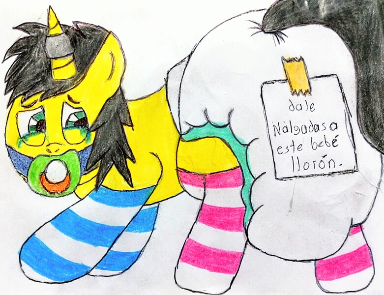 Size: 3075x2363 | Tagged: safe, artist:bitter sweetness, derpibooru import, oc, oc:bitter sweetness, unofficial characters only, unicorn, abdl, adult foal, clean diaper, clothes, diaper, diaper fetish, fetish, horn, horn ring, image, jewelry, jpeg, non-baby in diaper, pacifier, pacifier gag, poofy diaper, ring, simple background, socks, solo, spanish, spanish text, striped socks, traditional art, unicorn oc, white background