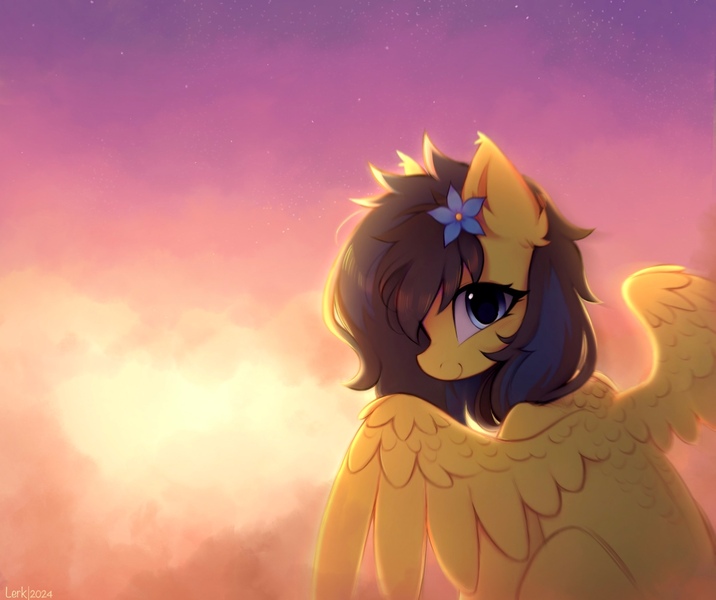 Size: 1933x1620 | Tagged: oc name needed, safe, alternate version, artist:lerkfruitbat, derpibooru import, oc, unofficial characters only, pegasus, pony, blushing, cloud, ear fluff, female, flower, flower in hair, image, jpeg, looking at you, looking back, looking back at you, mare, pegasus oc, sky, smiling, smiling at you, solo, spread wings, wings