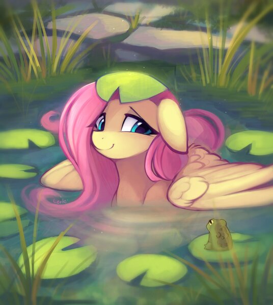 Size: 1831x2048 | Tagged: safe, artist:lerkfruitbat, derpibooru import, fluttershy, frog, pegasus, pony, g4, female, floppy ears, image, jpeg, lilypad, mare, partially submerged, smiling, solo, swamp, wings