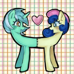 Size: 1271x1274 | Tagged: safe, artist:grim_the_end, derpibooru import, bon bon, lyra heartstrings, sweetie drops, earth pony, pony, unicorn, abstract background, conjoined, conjoined twins, female, horn, image, jpeg, lesbian, lyrabon, open mouth, open smile, shipping, smiling, stitched body