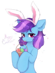 Size: 1687x2247 | Tagged: safe, artist:lerk, artist:lerkfruitbat, derpibooru import, oc, oc:nohra, unofficial characters only, earth pony, pony, :p, basket, bunny ears, chest fluff, cute, ear fluff, earth pony oc, easter, easter egg, egg (food), eyebrows, eyebrows visible through hair, female, food, happy easter, holiday, image, looking at you, mare, ocbetes, png, signature, simple background, solo, sparkles, text, tongue out, white background